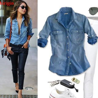 VS&LLWQ Women Fashion Blue Denim Shirts Women Girls Autumn Casual Long Sleeve Solid Blue Two Pockets Cotton Blend Tops 2020 New Alodia Store