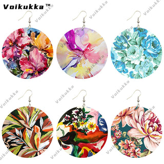 Voikukka Jewelry 6 CM Circle Floral Double-sided Printing Flowers Country Style Wooden Pendant Drop Fashion Earrings For Women Alodia Store