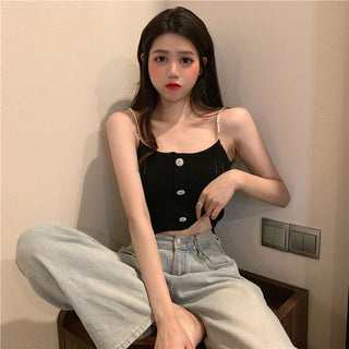 Knitted Ropa De Mujer Tank Solid Cami Y2k Crop Sexy Korean Women Fashion Halter Sleeveless Croptop Button White High Street Top alodia store