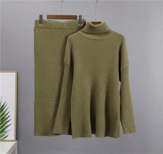 New Casual Two Pieces Turtle Neck Sweater and Midi Skirt Female Warm Suits with Skirt Alodia Store