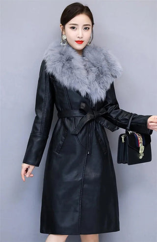Long Leather Coat Female Outerwear With Belt M-4XL Alodia Store