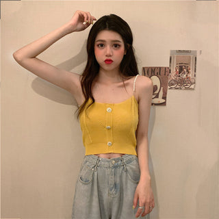 Knitted Ropa De Mujer Tank Solid Cami Y2k Crop Sexy Korean Women Fashion Halter Sleeveless Croptop Button White High Street Top alodia store