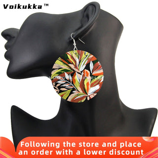Voikukka Jewelry 6 CM Circle Floral Double-sided Printing Flowers Country Style Wooden Pendant Drop Fashion Earrings For Women Alodia Store