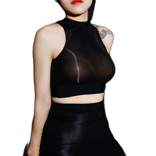 Oil Glossy Shiny Sleeveless Bustier Crop Top Women Sexy Nylons Tank Tops Cropped Feminino Croptop See Through Transparent Camis alodia store
