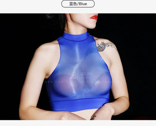 Oil Glossy Shiny Sleeveless Bustier Crop Top Women Sexy Nylons Tank Tops Cropped Feminino Croptop See Through Transparent Camis alodia store
