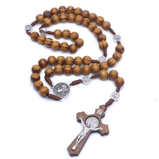 Fashion Style Handmade Fine Brown Catholic Jewelry Hand-woven Alloys Wooden Beads Cross Rosary Necklace Accessories Present Alodia Store