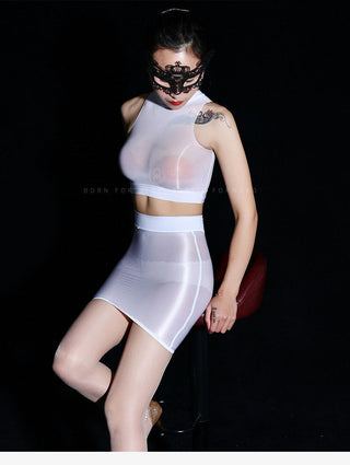Oil Glossy Shiny Sleeveless Bustier Crop Top Women Sexy Nylons Tank Tops Cropped Feminino Croptop See Through Transparent Camis alodia store