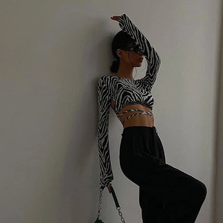 Sexy Backless Lace ups Pullover Tees Women Autumn Black O-neck Slim Longsleeve Short T-Shirt Alodia Store
