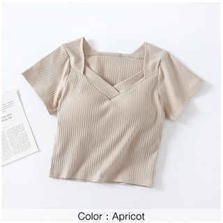 Tshirt For Women With Chest Pad Croptop Tops Tee V Neck Short Sleeve Sexy alodia store