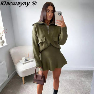 Knitted Skirt Suits For Women Two Piece Set Women-Waisted Mini Skirt Alodia Store