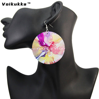 Voikukka Jewelry 6 CM Circle Floral Double-sided Printing Flowers Country Style Wooden Pendant Drop Fashion Earrings For Women Alodia Store