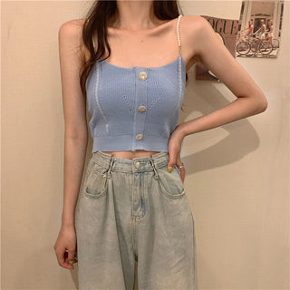 Knitted Ropa De Mujer Tank Solid Cami Y2k Crop Sexy Korean Women Fashion Halter Sleeveless Croptop Button White High Street Top alodia store
