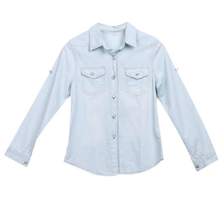 VS&LLWQ Women Fashion Blue Denim Shirts Women Girls Autumn Casual Long Sleeve Solid Blue Two Pockets Cotton Blend Tops 2020 New Alodia Store