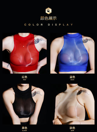 Oil Glossy Shiny Sleeveless Bustier Crop Top Women Sexy Nylons Tank Tops Cropped Feminino Croptop See Through Transparent Camis alodia store