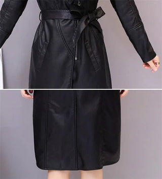 Long Leather Coat Female Outerwear With Belt M-4XL Alodia Store