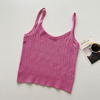 Knitted Tank Cropped Sleeveless Cami Top Y2k Fashion Halter Hollow Out Ropa De Mujer Blackless Sexy Purple Croptop Women Clothes alodia store