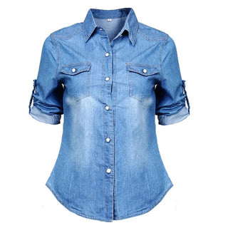 VS&LLWQ Women Fashion Blue Denim Shirts Women Girls Autumn Casual Long Sleeve Solid Blue Two Pockets Cotton Blend Tops 2020 New Alodia Store