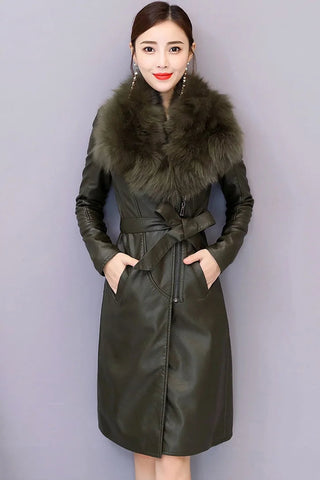 Long Leather Coat Female Outerwear With Belt M-4XL Alodia Store