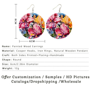Voikukka Jewelry 6 CM Circle Floral Double-sided Printing Flowers Country Style Wooden Pendant Drop Fashion Earrings For Women Alodia Store