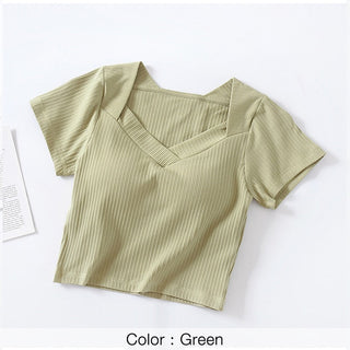 Tshirt For Women With Chest Pad Croptop Tops Tee V Neck Short Sleeve Sexy alodia store