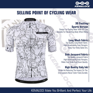 KEMALOCE Breathable Unisex White Cartoon Cat Cycling Jersey Spring Anti-Pilling Eco-Friendly Bike Clothing Top Road Team Bicycle alodia store