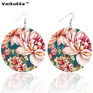Voikukka Jewelry 6 CM Circle Floral Double-sided Printing Flowers Country Style Wooden Pendant Drop Fashion Earrings For Women Alodia Store