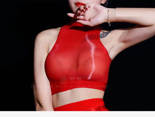 Oil Glossy Shiny Sleeveless Bustier Crop Top Women Sexy Nylons Tank Tops Cropped Feminino Croptop See Through Transparent Camis alodia store