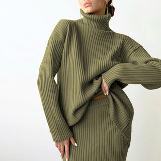 New Casual Two Pieces Turtle Neck Sweater and Midi Skirt Female Warm Suits with Skirt Alodia Store