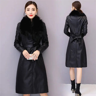 Long Leather Coat Female Outerwear With Belt M-4XL Alodia Store