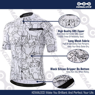 KEMALOCE Breathable Unisex White Cartoon Cat Cycling Jersey Spring Anti-Pilling Eco-Friendly Bike Clothing Top Road Team Bicycle alodia store