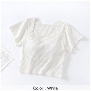 Tshirt For Women With Chest Pad Croptop Tops Tee V Neck Short Sleeve Sexy alodia store