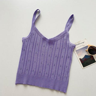 Knitted Tank Cropped Sleeveless Cami Top Y2k Fashion Halter Hollow Out Ropa De Mujer Blackless Sexy Purple Croptop Women Clothes alodia store