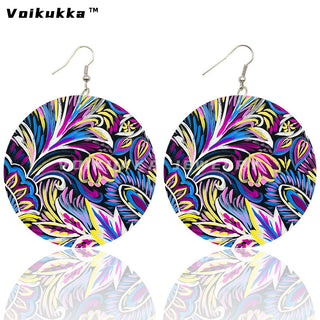 Voikukka Jewelry 6 CM Circle Floral Double-sided Printing Flowers Country Style Wooden Pendant Drop Fashion Earrings For Women Alodia Store