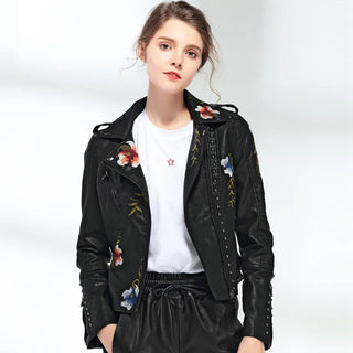 Ftlzz Women Floral Print Embroidery Faux Soft Leather Jacket Coat Alodia Store