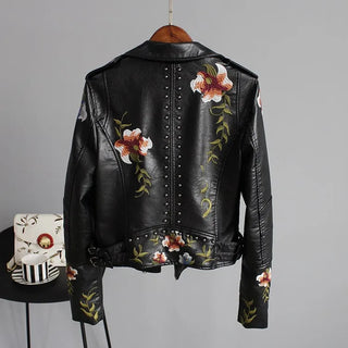 Ftlzz Women Floral Print Embroidery Faux Soft Leather Jacket Coat Alodia Store