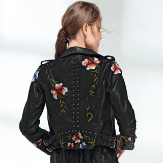 Ftlzz Women Floral Print Embroidery Faux Soft Leather Jacket Coat Alodia Store