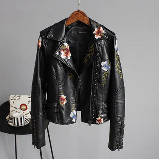Ftlzz Women Floral Print Embroidery Faux Soft Leather Jacket Coat Alodia Store