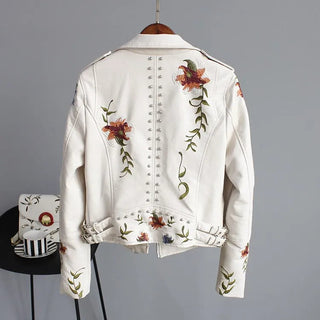 Ftlzz Women Floral Print Embroidery Faux Soft Leather Jacket Coat Alodia Store