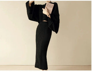 Twist Jacquard bathwing Tops+ Bodycon Split Pencil Skirt 2 Piece set Alodia Store