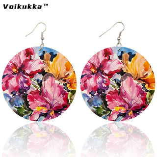 Voikukka Jewelry 6 CM Circle Floral Double-sided Printing Flowers Country Style Wooden Pendant Drop Fashion Earrings For Women Alodia Store