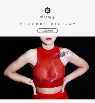 Oil Glossy Shiny Sleeveless Bustier Crop Top Women Sexy Nylons Tank Tops Cropped Feminino Croptop See Through Transparent Camis alodia store