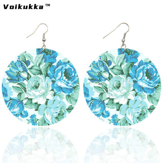 Voikukka Jewelry 6 CM Circle Floral Double-sided Printing Flowers Country Style Wooden Pendant Drop Fashion Earrings For Women Alodia Store