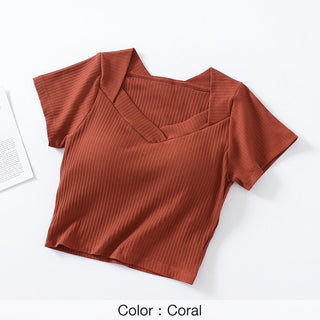 Tshirt For Women With Chest Pad Croptop Tops Tee V Neck Short Sleeve Sexy alodia store