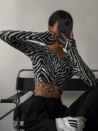 Sexy Backless Lace ups Pullover Tees Women Autumn Black O-neck Slim Longsleeve Short T-Shirt Alodia Store