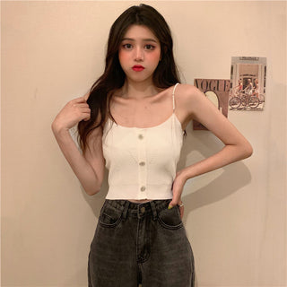 Knitted Ropa De Mujer Tank Solid Cami Y2k Crop Sexy Korean Women Fashion Halter Sleeveless Croptop Button White High Street Top alodia store