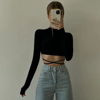 Sexy Backless Lace ups Pullover Tees Women Autumn Black O-neck Slim Longsleeve Short T-Shirt Alodia Store
