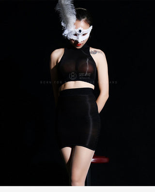 Oil Glossy Shiny Sleeveless Bustier Crop Top Women Sexy Nylons Tank Tops Cropped Feminino Croptop See Through Transparent Camis alodia store