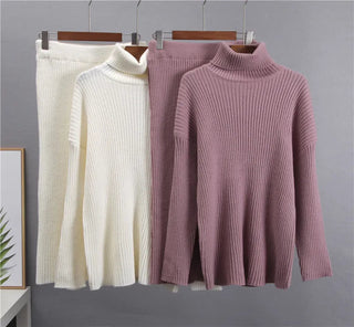 New Casual Two Pieces Turtle Neck Sweater and Midi Skirt Female Warm Suits with Skirt Alodia Store