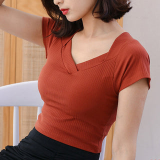 Tshirt For Women With Chest Pad Croptop Tops Tee V Neck Short Sleeve Sexy alodia store