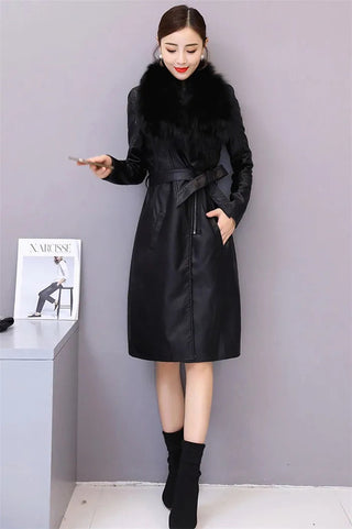Long Leather Coat Female Outerwear With Belt M-4XL Alodia Store